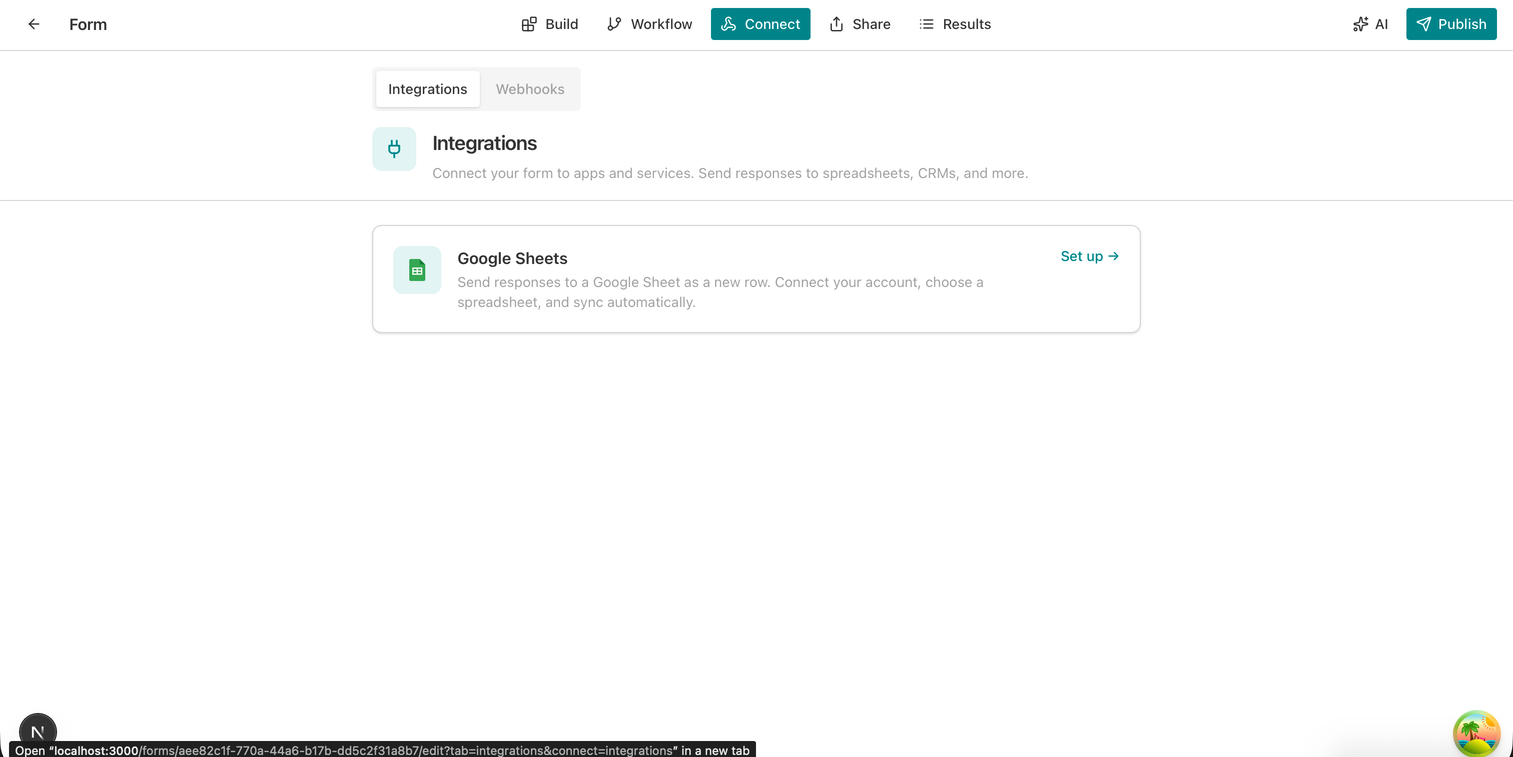 AntForms Connect tab with Integrations and Google Sheets option