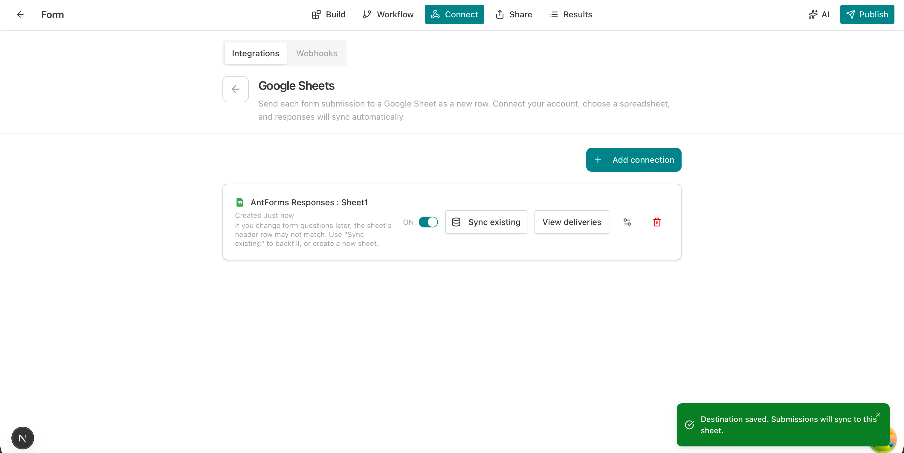 Google Sheets connection card with destination saved and toggle on