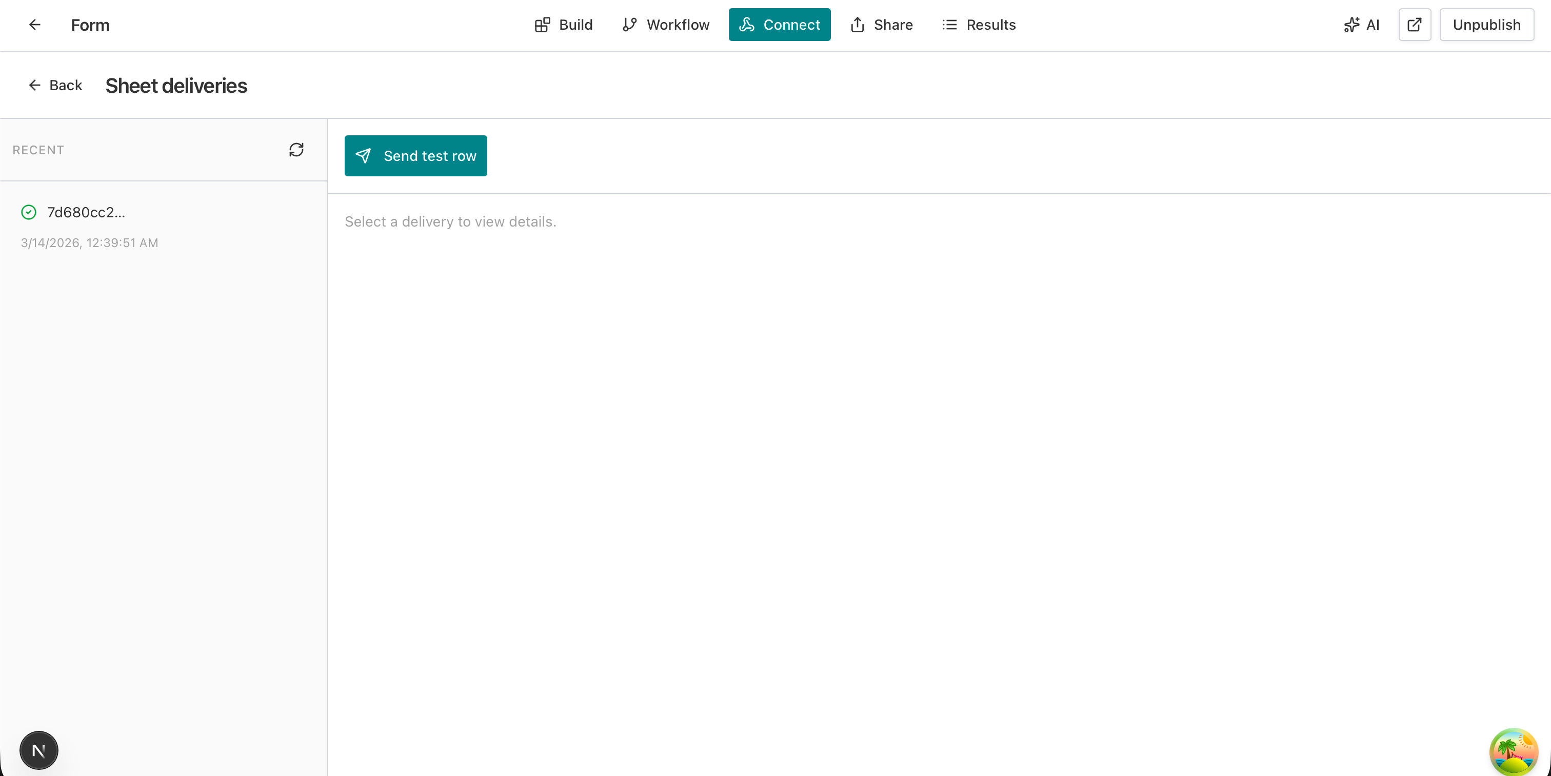 Sheet deliveries list with one successful delivery and Send test row button