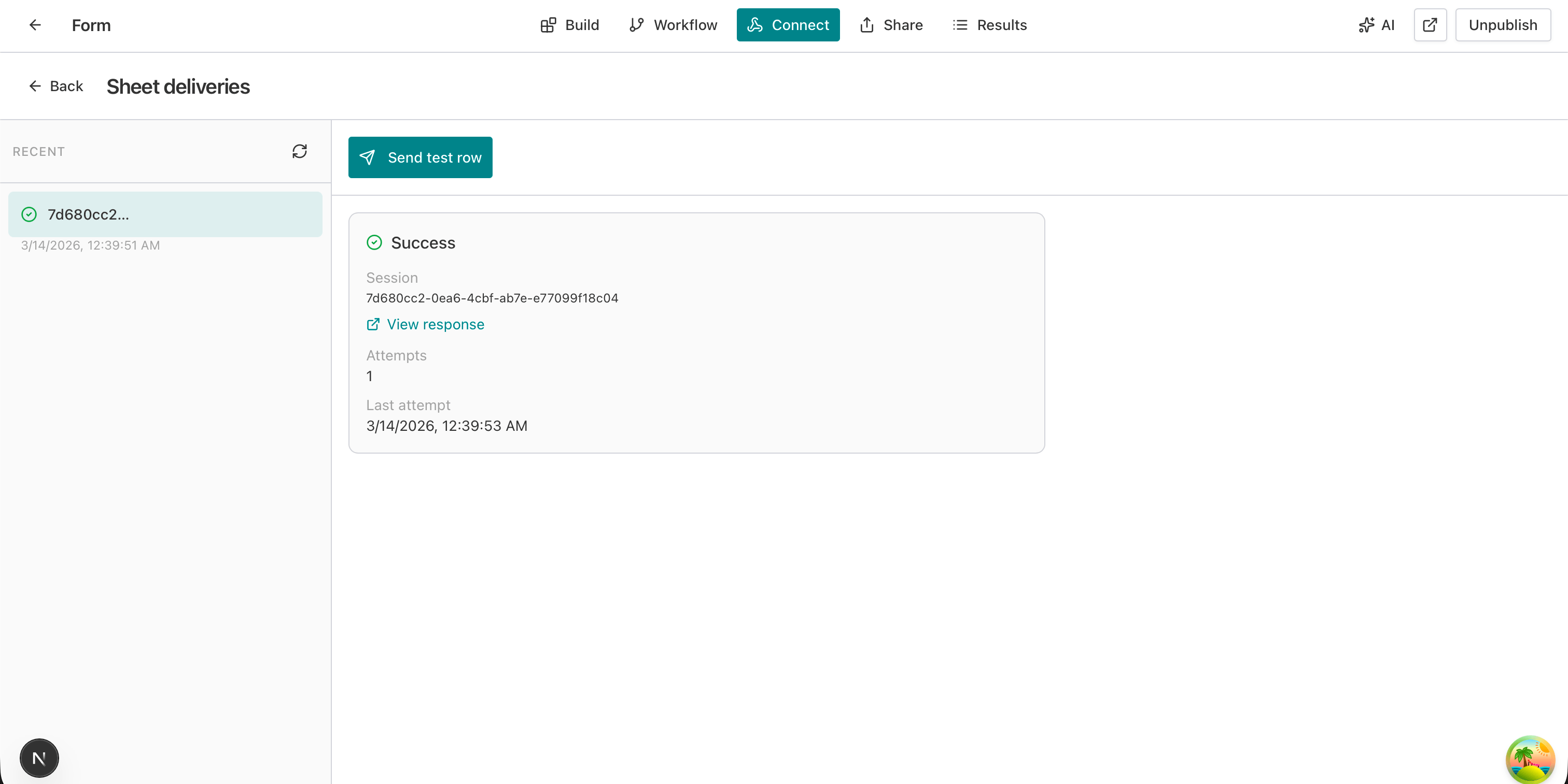 Sheet deliveries with Send test row and successful delivery details