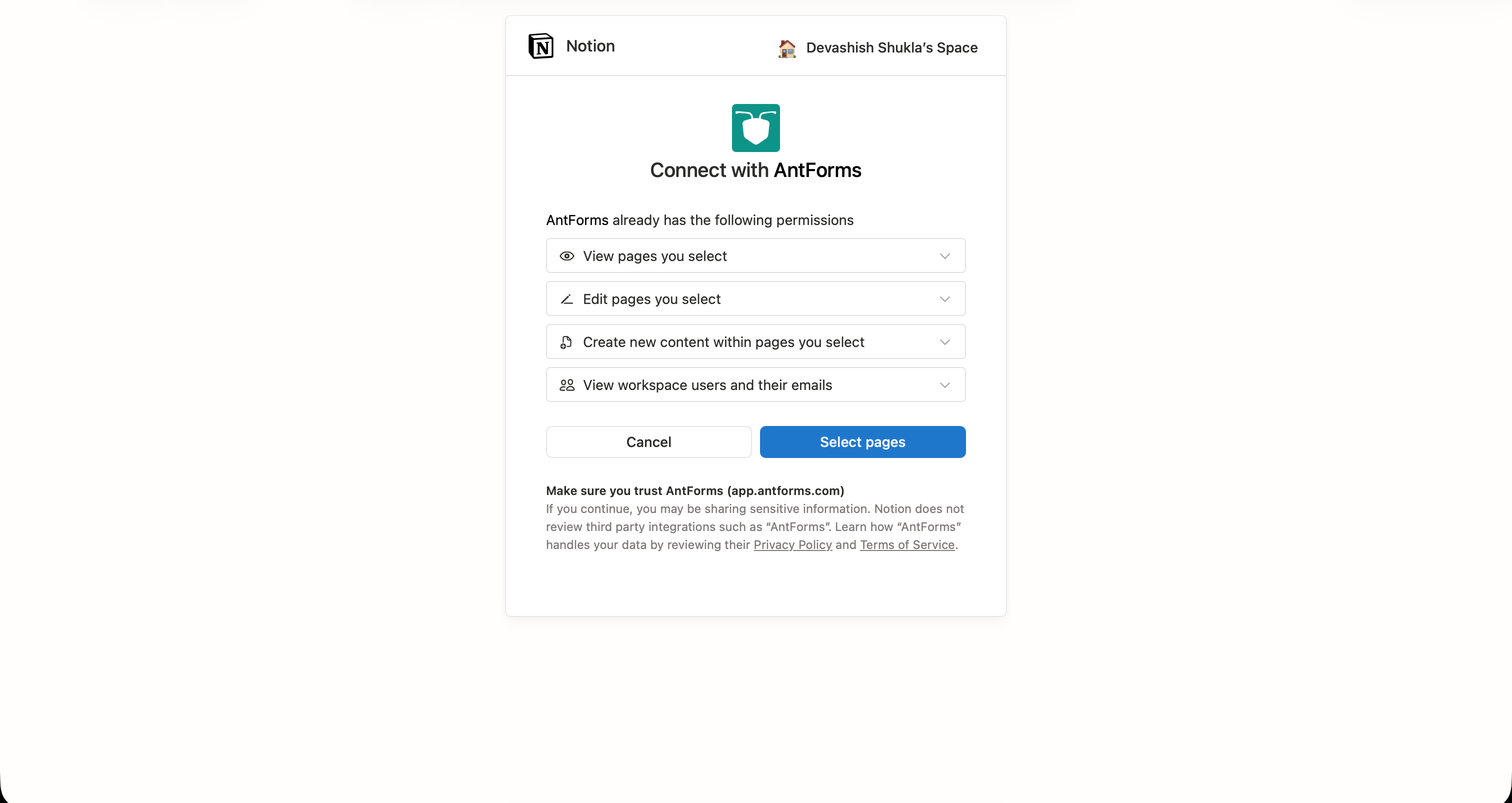 Notion OAuth authorization page showing AntForms permissions: View pages, Edit pages, Create content, View workspace users