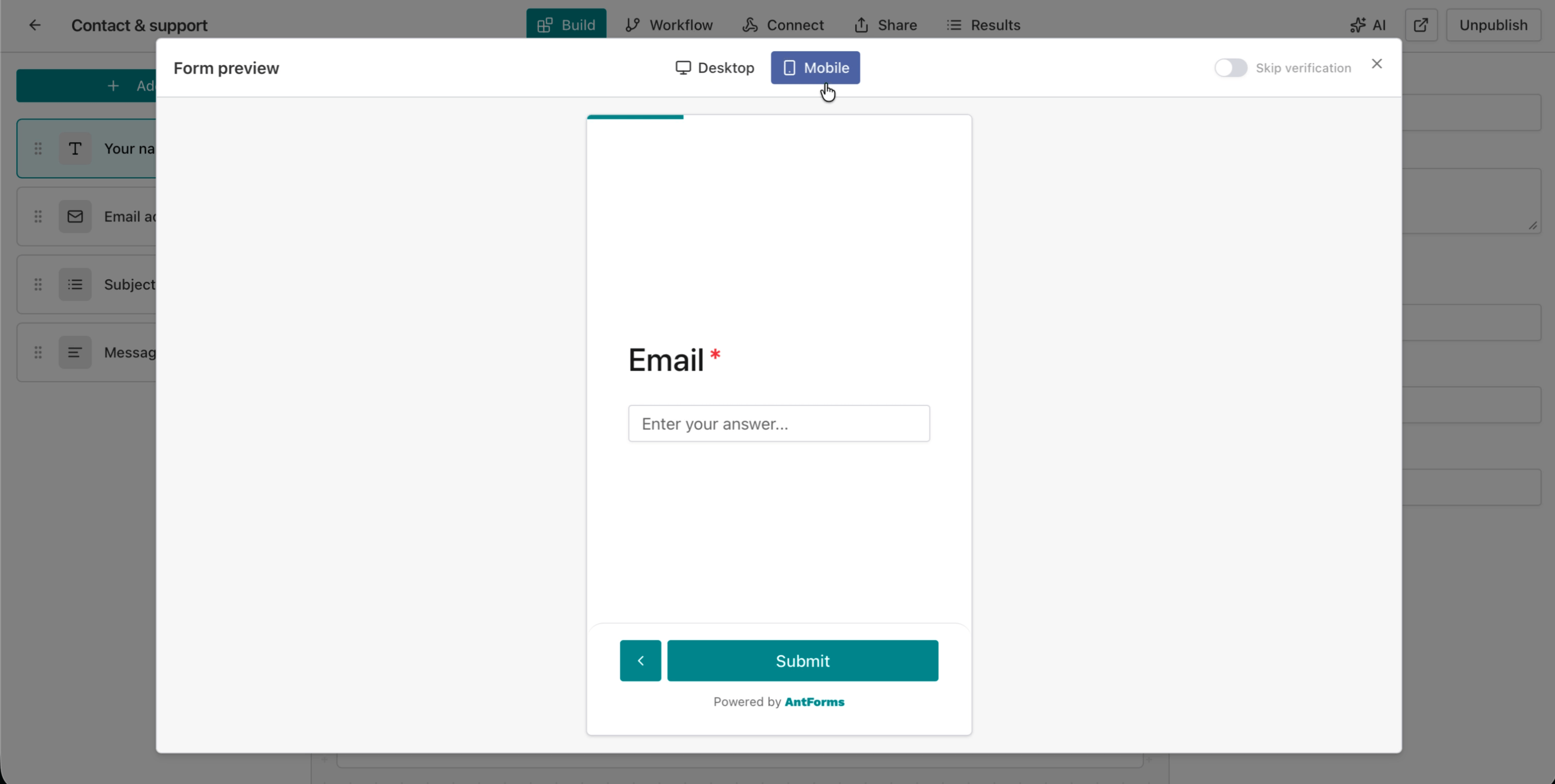 AntForms Form preview modal in Mobile mode showing the Email field at 375px width with Submit button