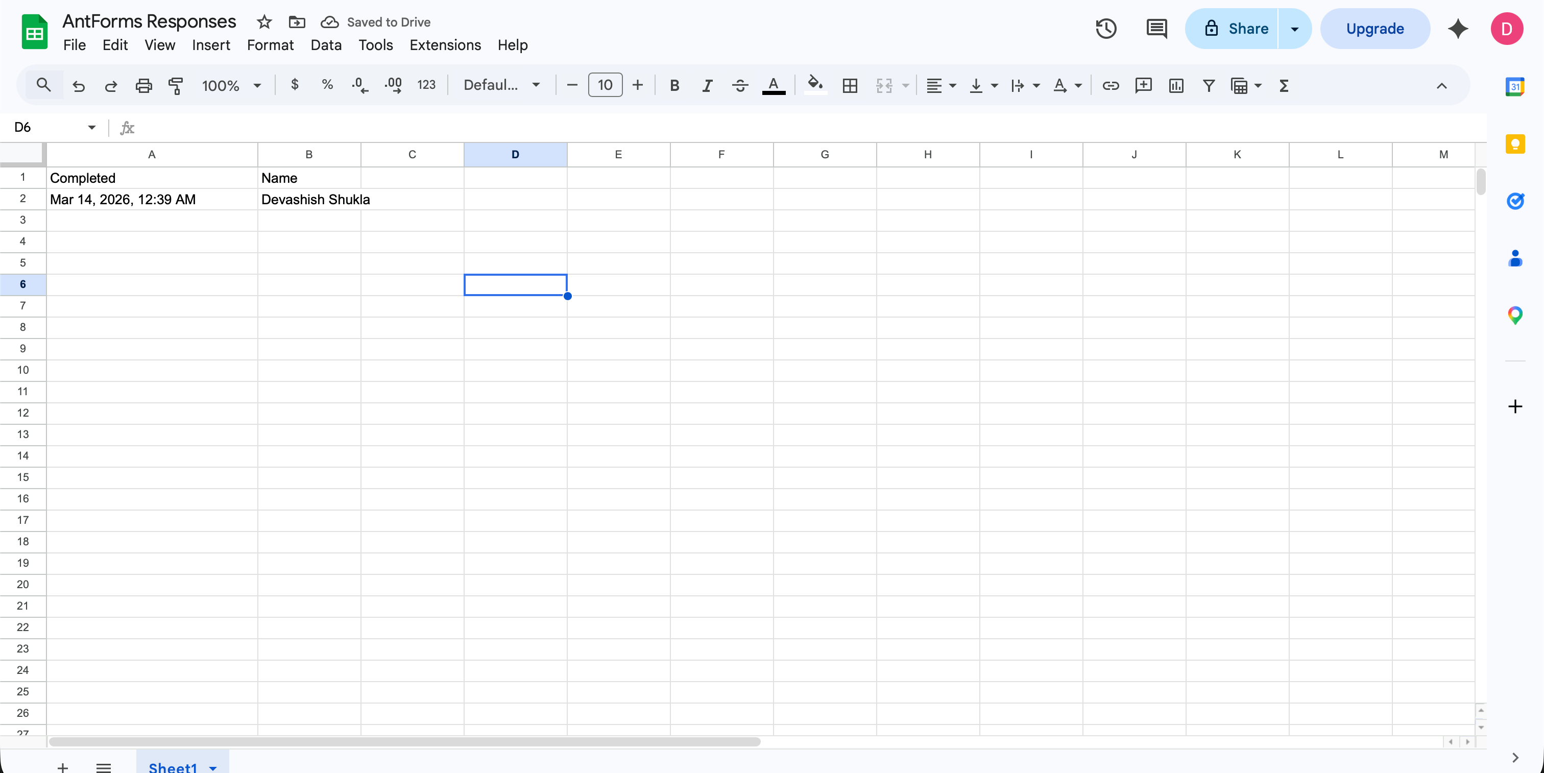 Google Sheet with AntForms Responses: Completed and Name columns with one data row