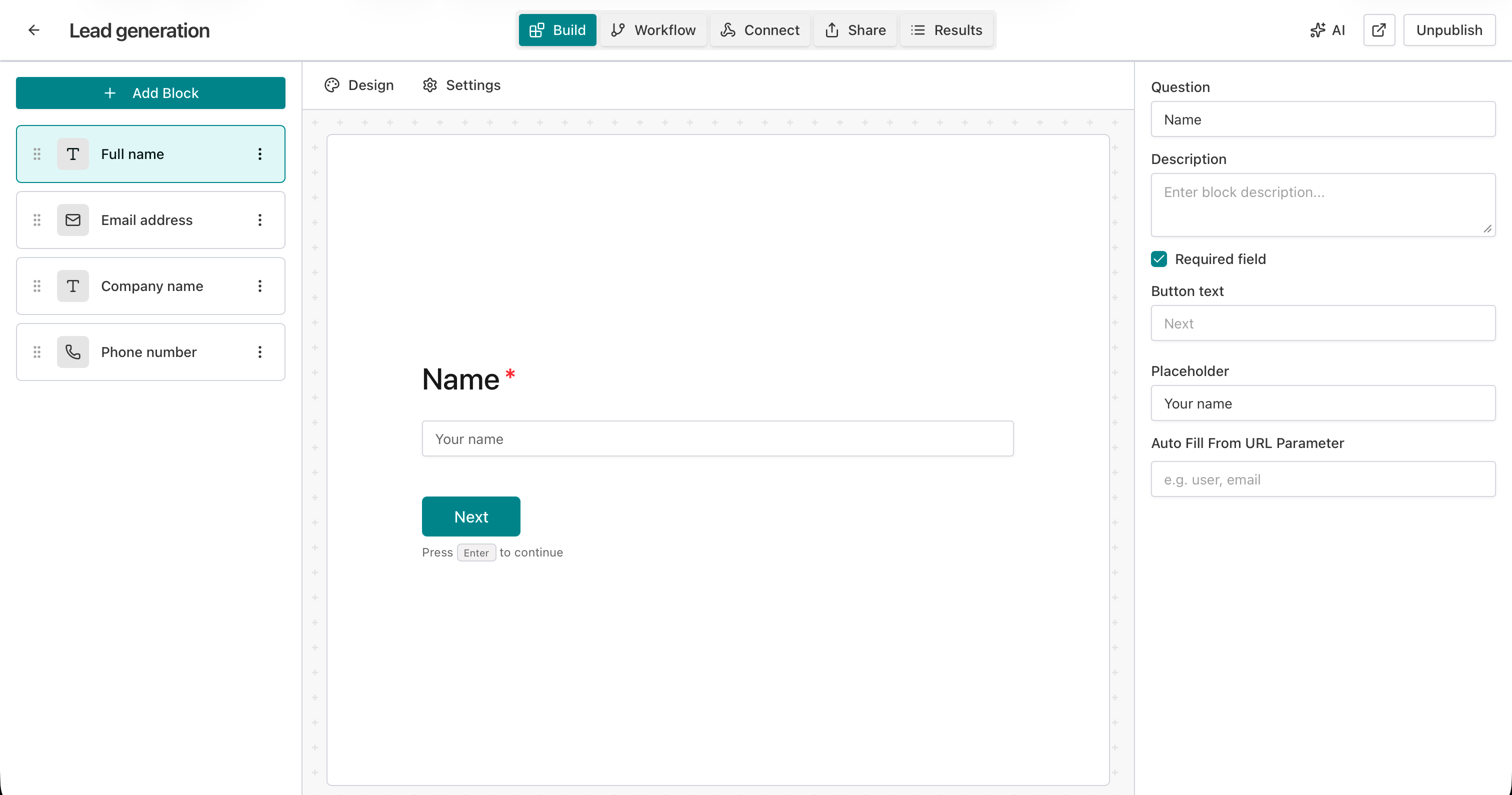 Form dashboard with Integrations or Connect tab
