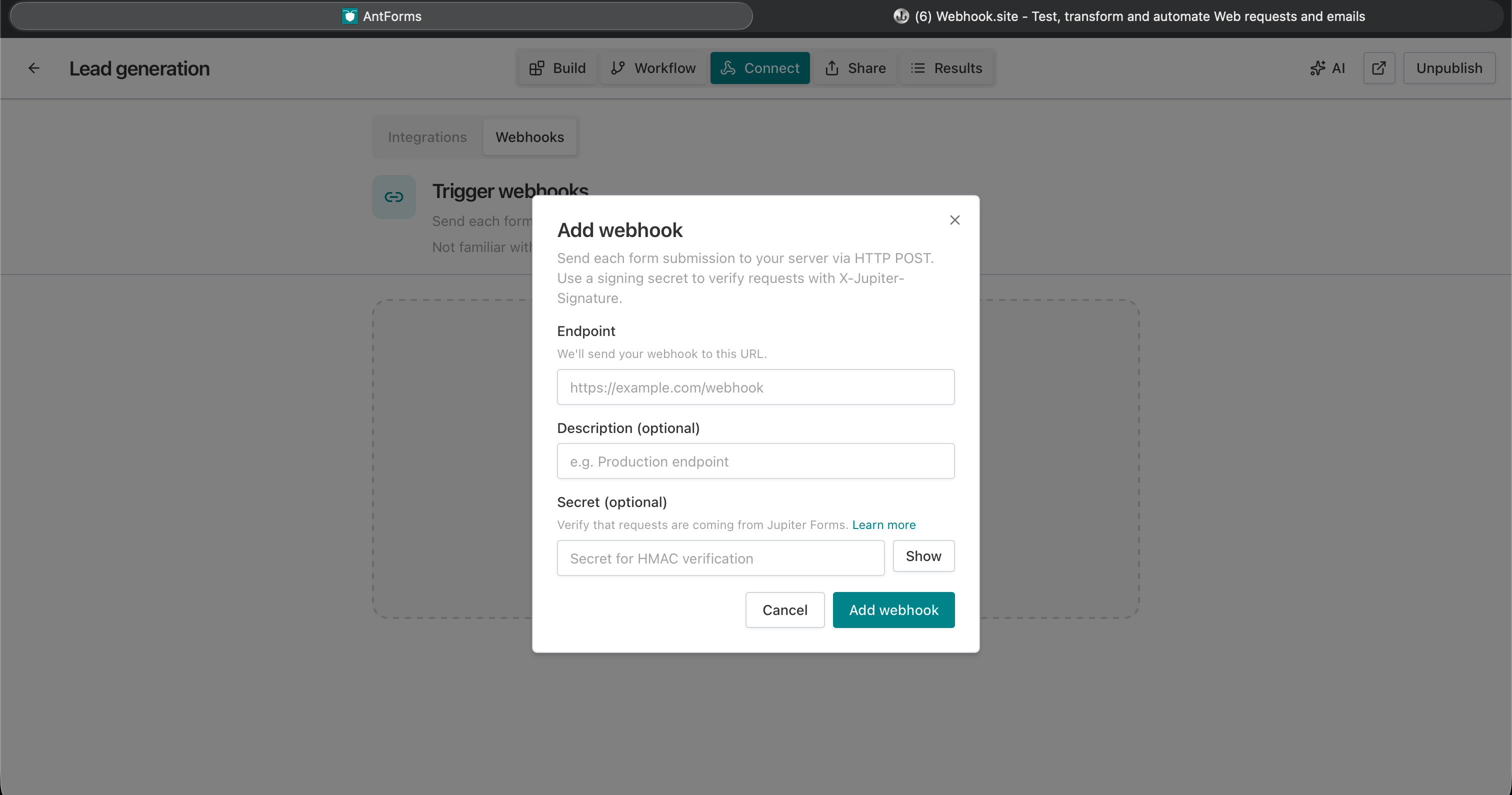 Add webhook modal with endpoint URL