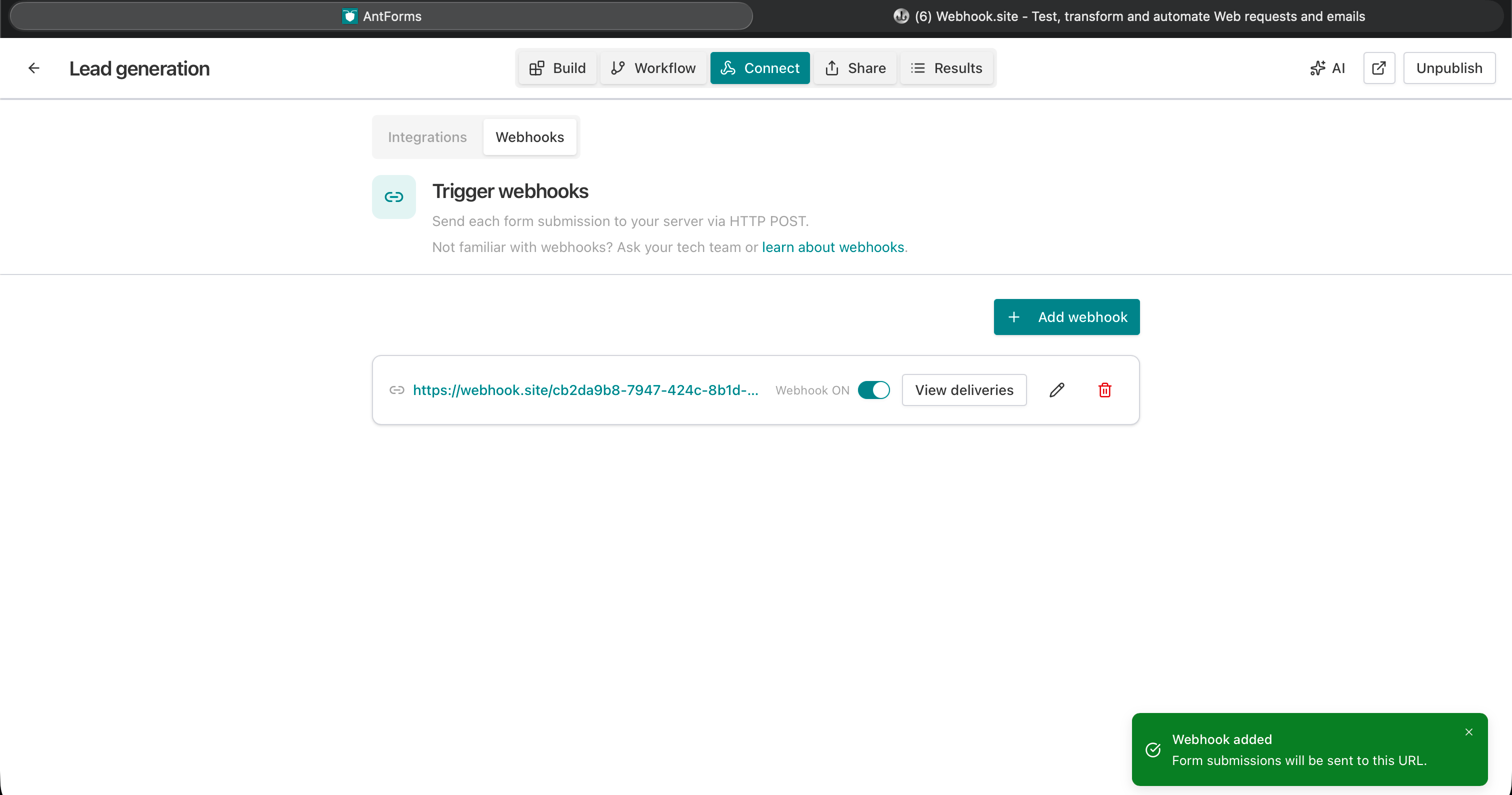 Webhook list with endpoint and enabled toggle