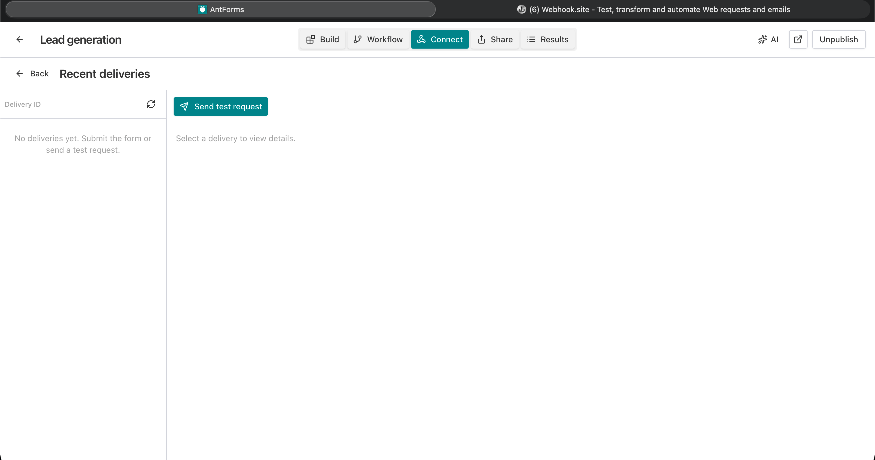 Deliveries list with status and response code