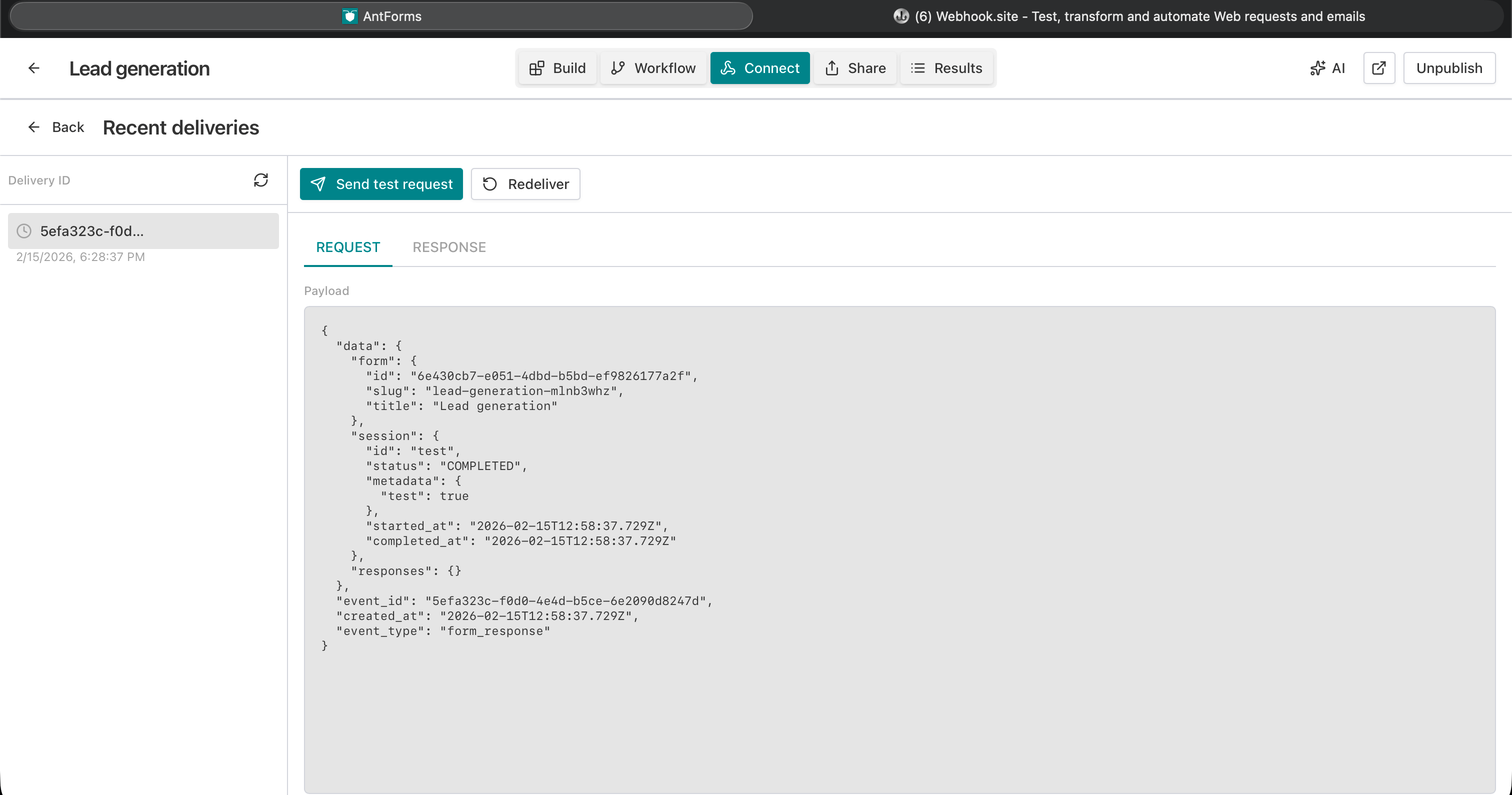 Send test request and request/response tabs