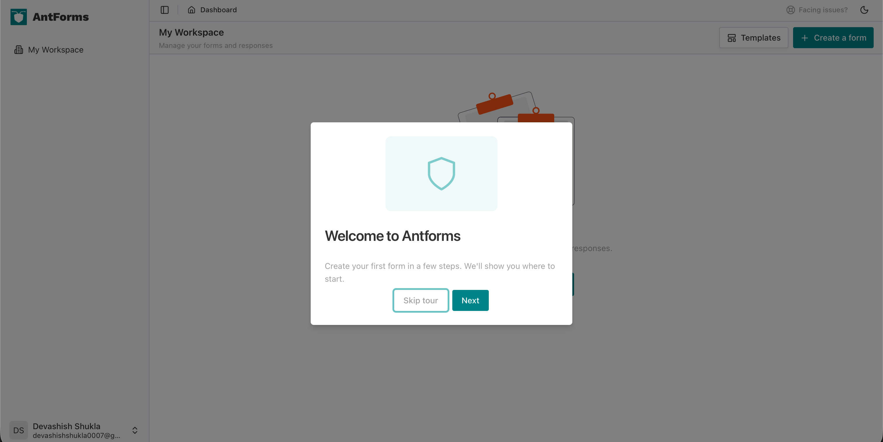 AntForms Step 1 of 9: Click here to create your first form