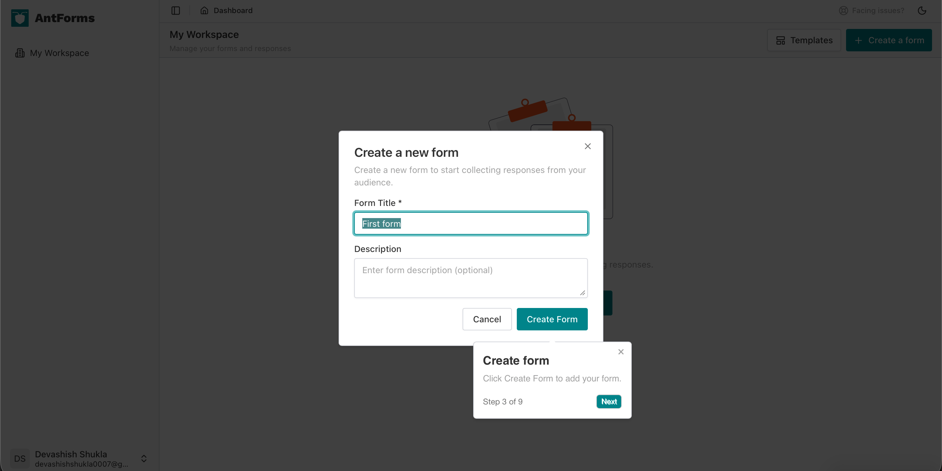AntForms Step 3 of 9: Click Create Form to add your form