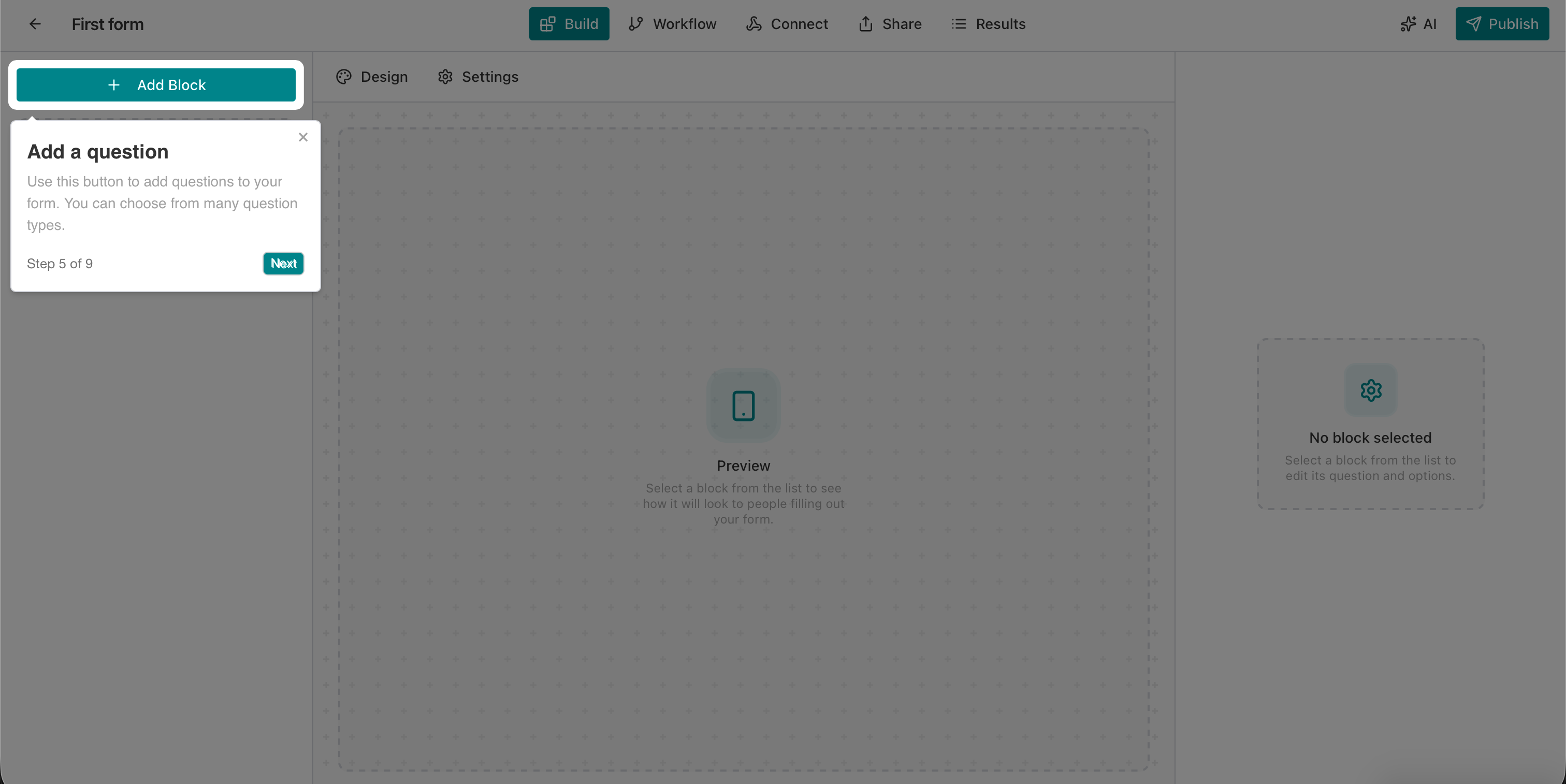 AntForms Step 5 of 9: Use Add Block to add questions