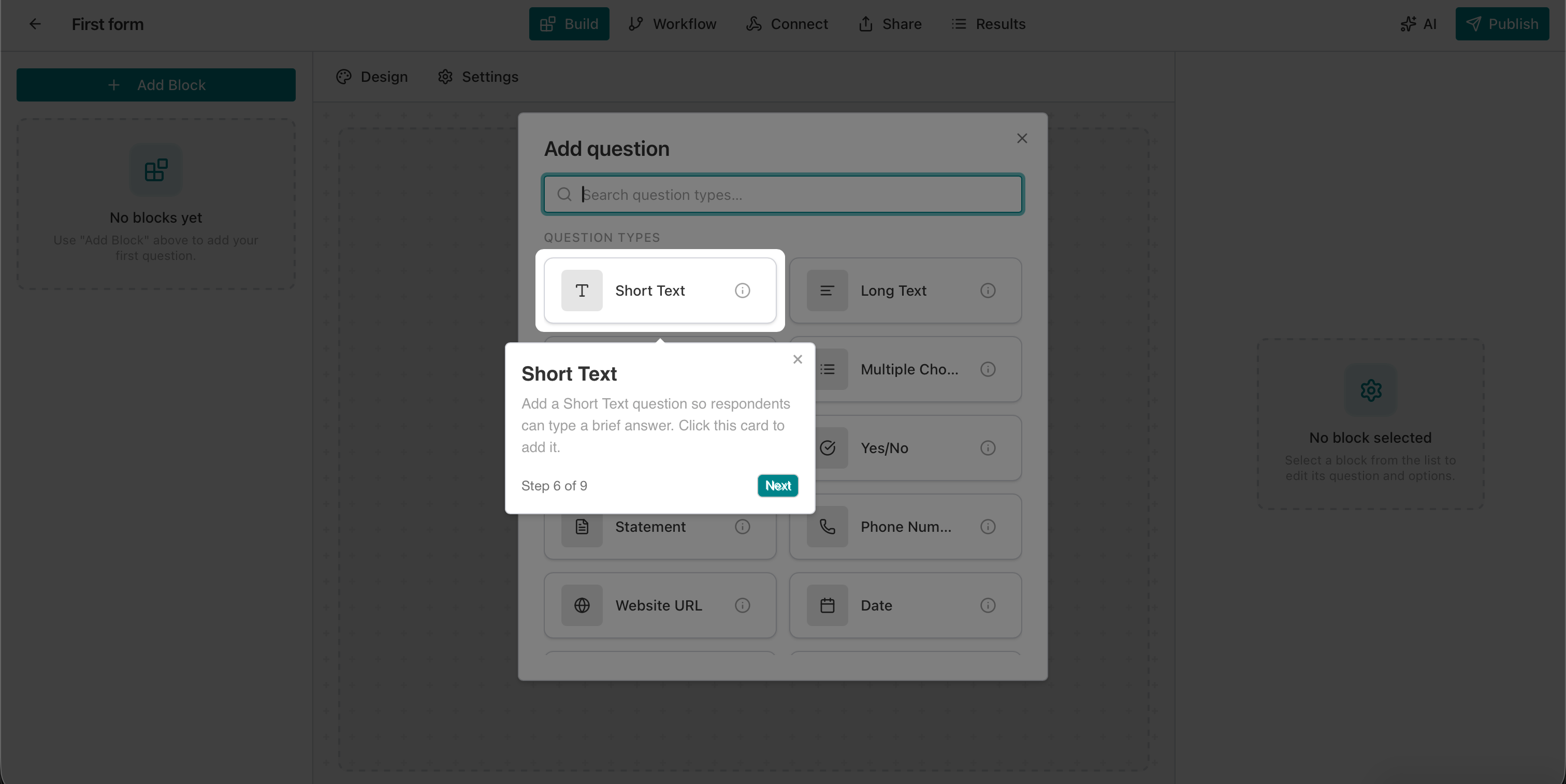 AntForms Step 6 of 9: Short Text question type — click to add